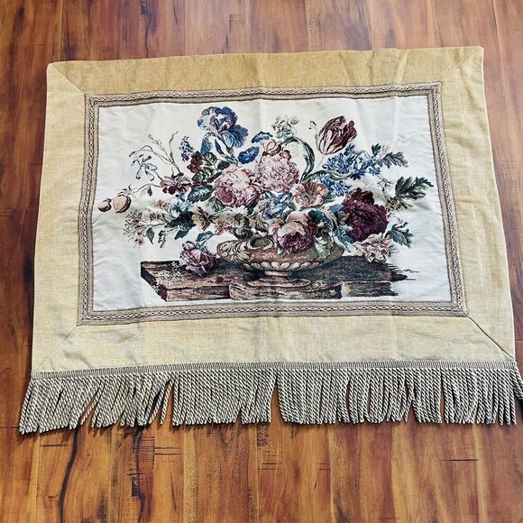 Floral Victorian Style Tapestry Wall Hanging Floral Burgundy Blue Fringe 37x45 - Picture 1 of 6